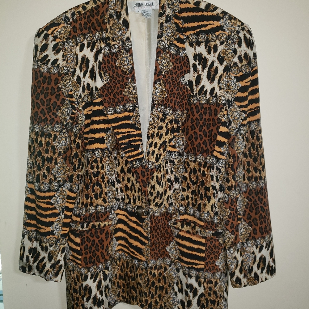 Vintage Sunny Leigh 100% Silk Blazer Animal Print EUC